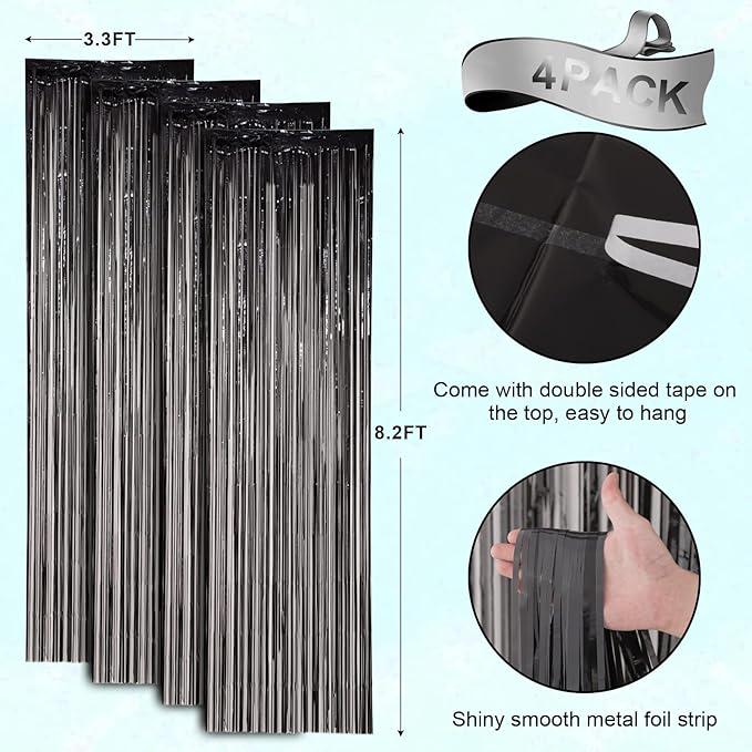 Black Tinsel Backdrop 4 Pack Foil Fringe Curtains for Birthday & Party Decor