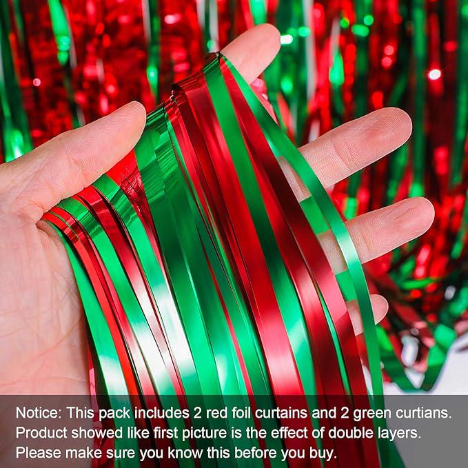 Red & Green Metallic Tinsel Backdrop 4 Pack Foil Fringe Curtains for Party Decor