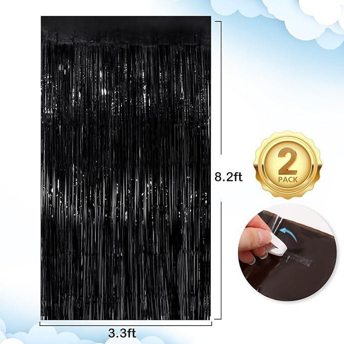 Black Tinsel Backdrop 4 Pack 3.3x8.3ft Foil Fringe Curtains for Party Decor