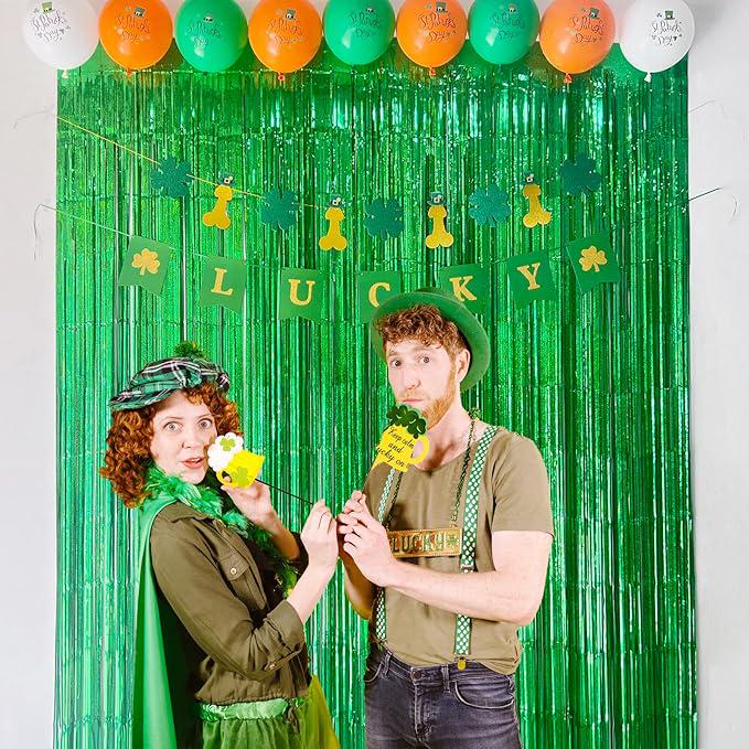 Green Tinsel Backdrop 2 Pack 3.2x8.2ft Sparkle Foil Fringe Curtains for Party Decor