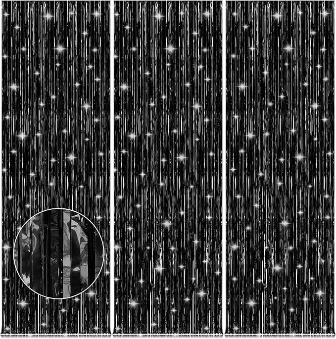 Black Tinsel Backdrop 3 Pack 3.2x8.2ft Foil Fringe Curtains for Party Decor