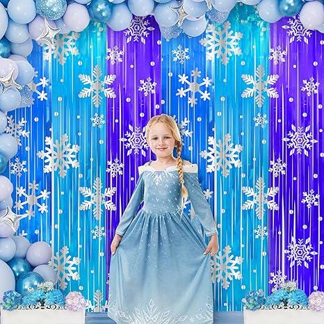 Snowflake Tinsel Backdrop 3 Pack 3.3x6.6ft Frozen Winter Birthday Party Decor