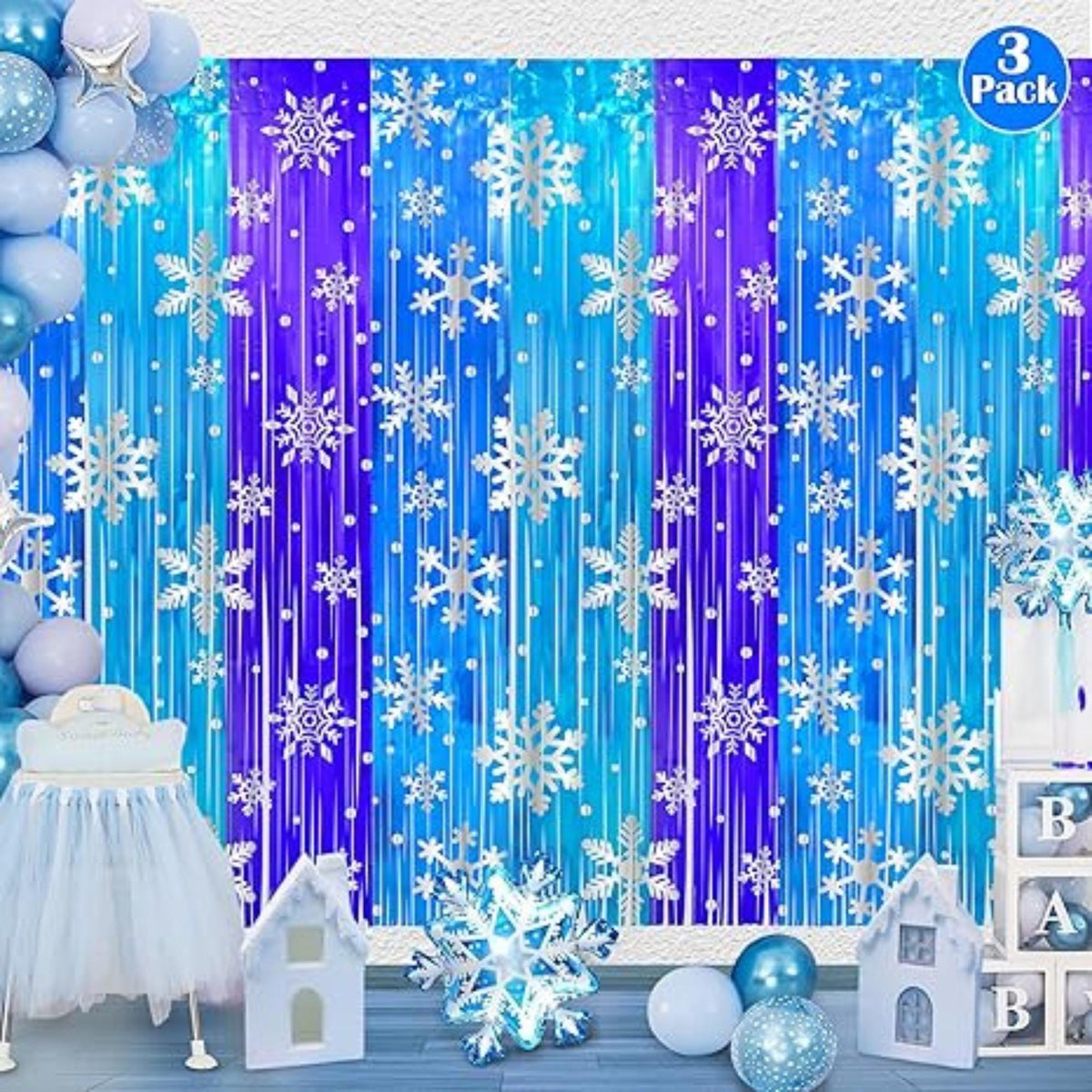 Snowflake Tinsel Backdrop 3 Pack 3.3x6.6ft Frozen Winter Birthday Party Decor