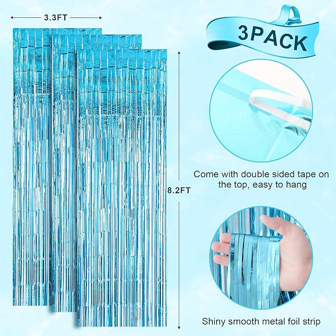 Light Blue Tinsel Backdrop 3 Pack 3.3x8.2ft Birthday, Baby Shower & Party Decor
