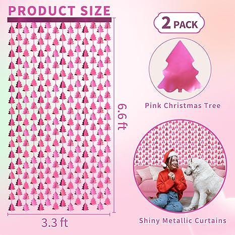 Pink Christmas Tree Tinsel Backdrop 2 Pack 3.3x6.6ft Holiday & Birthday Decor