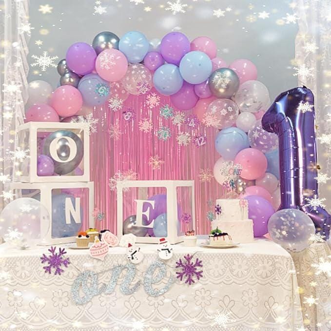 Winter Onederland 1st Birthday Party Decor for Girls with Snowflake Balloons & Fringe