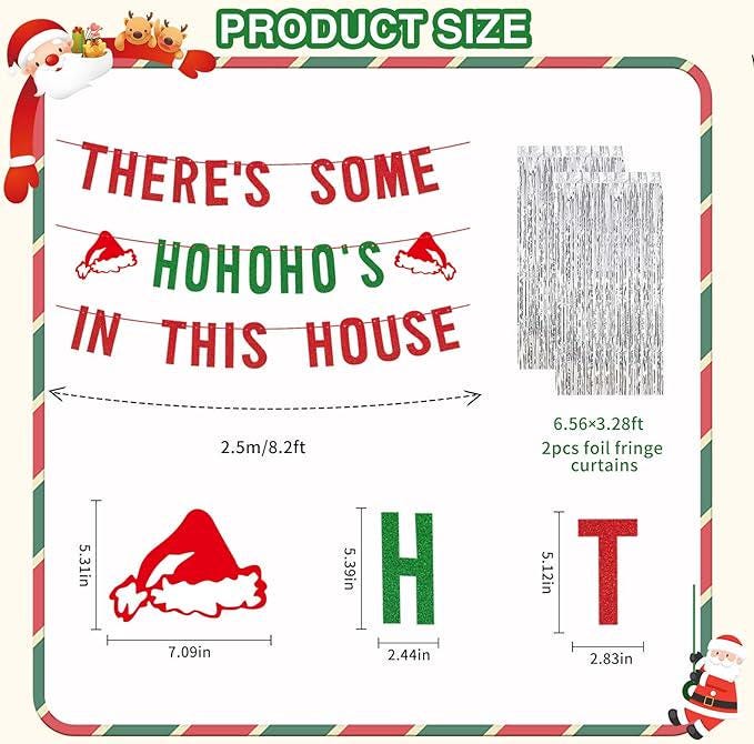 Red Green Christmas Party Decor with Funny HoHoHo Banner & Silver Fringe Backdrop