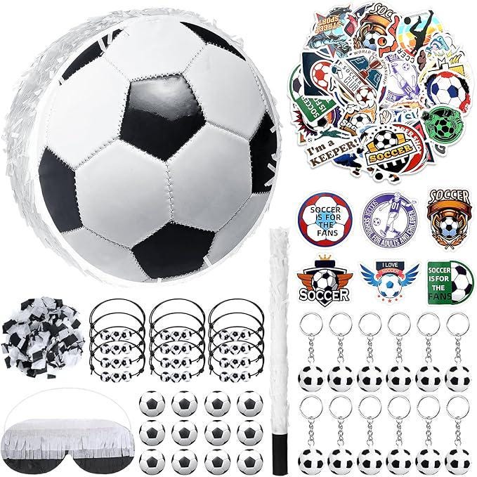 Soccer Ball Pinata Set with Blindfold, Baton, Mini Balls, and Party Accessories