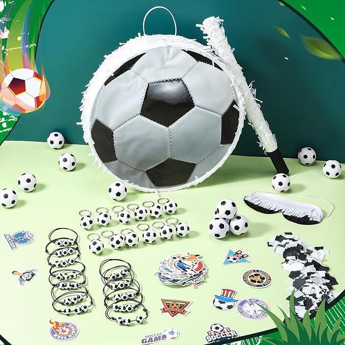 Soccer Ball Pinata Set with Blindfold, Baton, Mini Balls, and Party Accessories