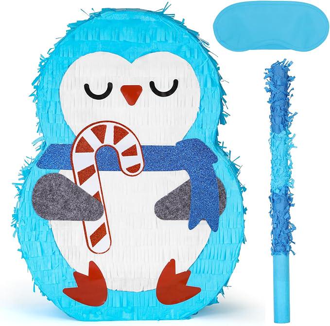 Penguin Pinata Bundle 16.5x12x4 Inch with Blindfold and Bat for Kids Xmas Party
