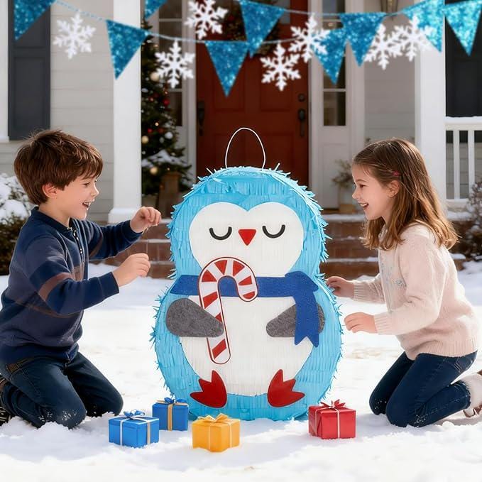 Penguin Pinata Bundle 16.5x12x4 Inch with Blindfold and Bat for Kids Xmas Party