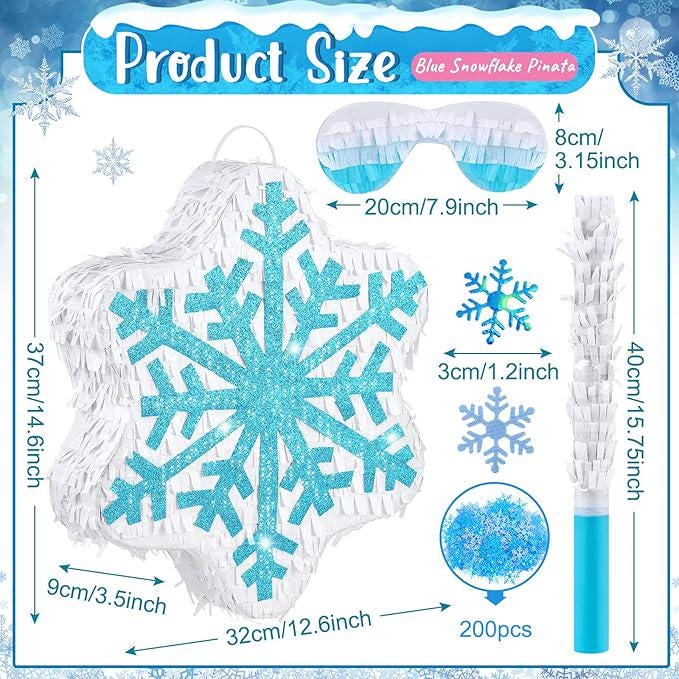 Blue Snowflake Pinata with Pull String for Winter Theme Birthday and Christmas Party Decor