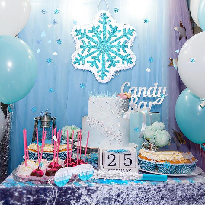 Blue Snowflake Pinata with Pull String for Winter Theme Birthday and Christmas Party Decor