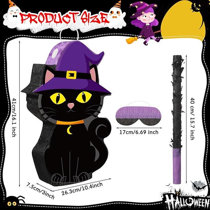 Aoriher Halloween Black Cat Pinata with Stick and Blindfold for Spooky Party Fun