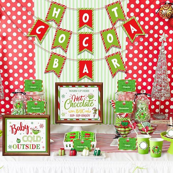 Winter Hot Chocolate Bar Kit with Red Green Banner, Labels & Cup Tags