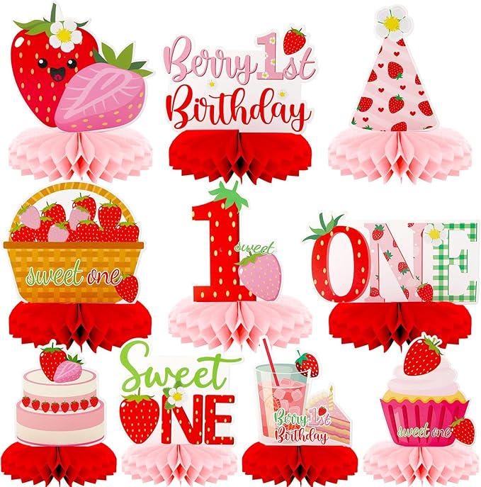 10 PCS Strawberry First Birthday Table Centerpieces for Baby Girls Party Decor