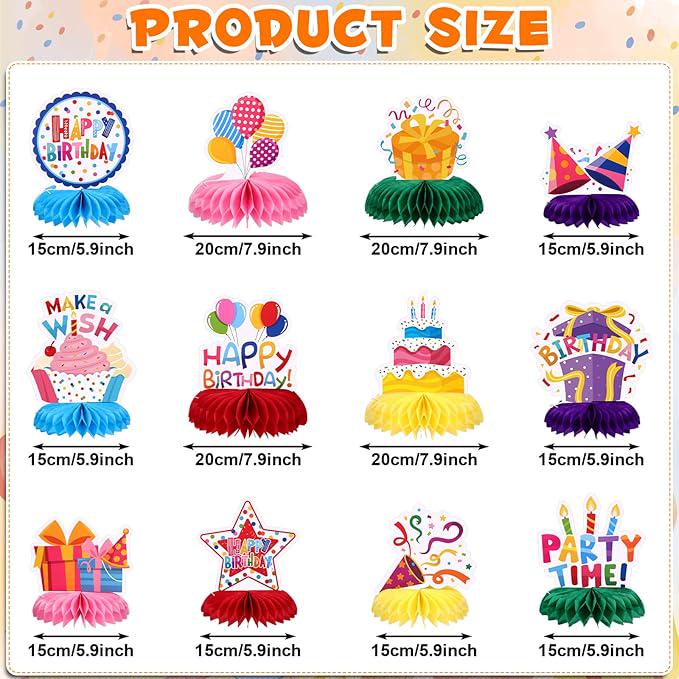 12 PCS Colorful Happy Birthday Table Centerpieces Honeycomb Toppers for Kids Party