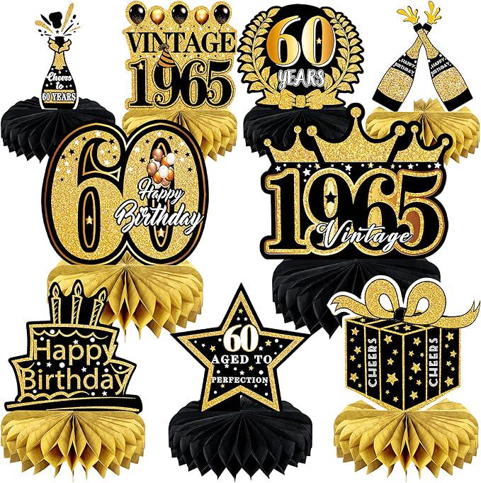 9 PCS 60th Birthday Table Centerpieces Black and Gold Honeycomb Party Decor