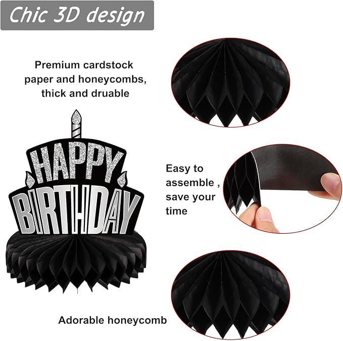 8 PCS Silver & Black Birthday Honeycomb Table Centerpieces Party Decor for Kids and Adults