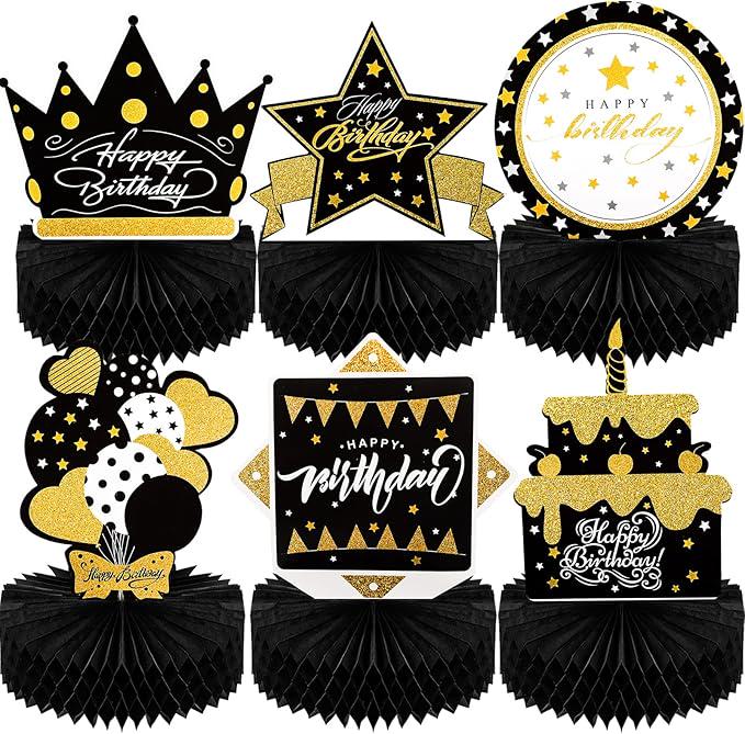 6 PCS Black & Gold Honeycomb Birthday Table Centerpieces Elegant Party Decor