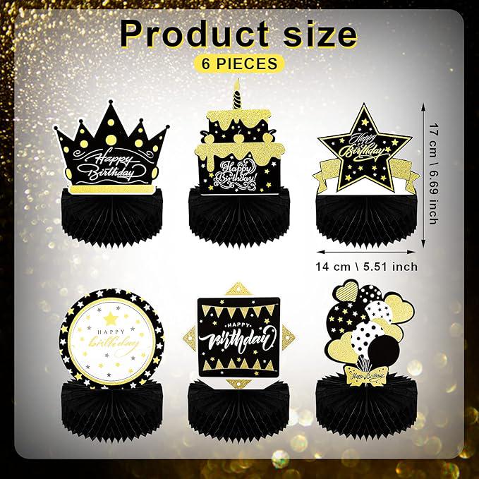 6 PCS Black & Gold Honeycomb Birthday Table Centerpieces Elegant Party Decor