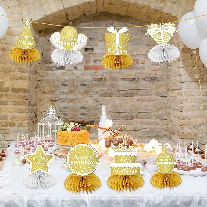 8 PCS White & Gold Happy Birthday Table Centerpieces Elegant Party Decor for Adults