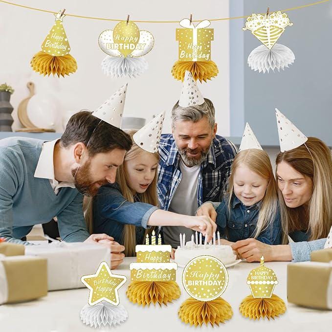8 PCS White & Gold Happy Birthday Table Centerpieces Elegant Party Decor for Adults