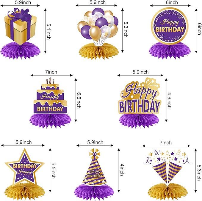 8 PCS Purple & Gold Birthday Honeycomb Table Centerpieces Party Decor for Women and Girls