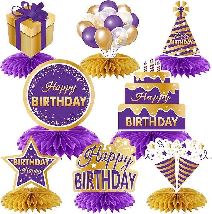 8 PCS Purple & Gold Birthday Honeycomb Table Centerpieces Party Decor for Women and Girls