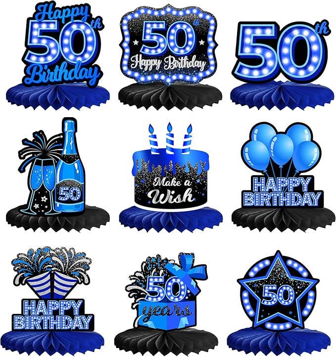 9 PCS 50th Birthday Blue Neon Honeycomb Table Centerpieces Party Decor for Adults