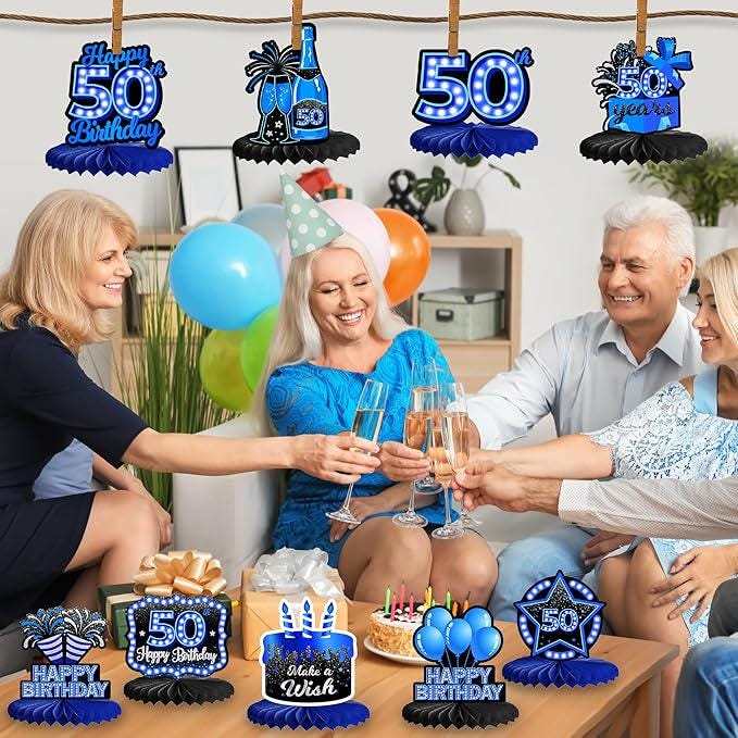 9 PCS 50th Birthday Blue Neon Honeycomb Table Centerpieces Party Decor for Adults