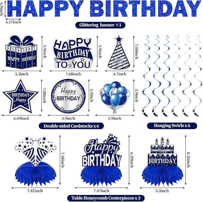 11 PCS Blue & Silver Happy Birthday Party Decorations Kit Centerpieces Banner and Table Toppers