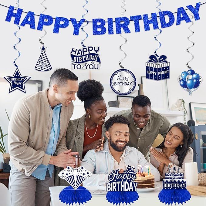 11 PCS Blue & Silver Happy Birthday Party Decorations Kit Centerpieces Banner and Table Toppers
