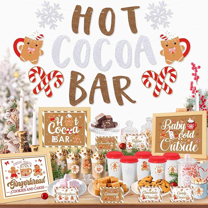 Gingerbread Man Hot Cocoa Bar Kit with Banner, Labels & Cup Stickers Christmas Party Decor