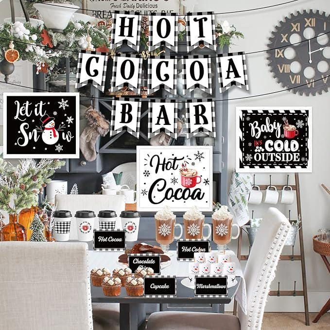 Hot Cocoa Bar Decor Kit, Winter Party Banner, Signs, Labels