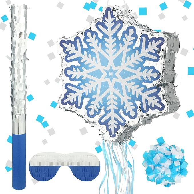 Winter Snowflake Piñata with Pull String Bat and Confetti for Christmas Party Fun