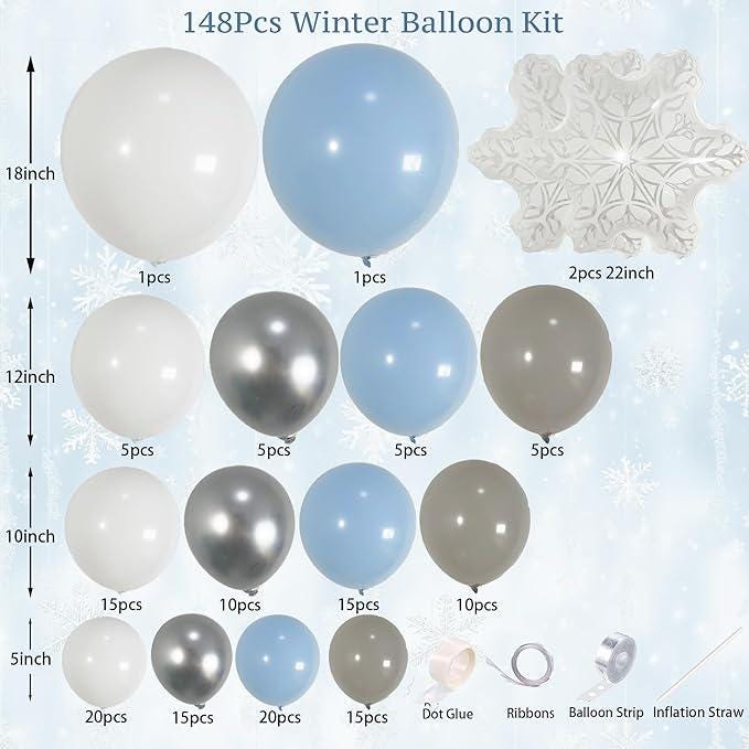 Winter Balloon Arch Kit Pastel Blue Gray White Snowflake Party Decorations