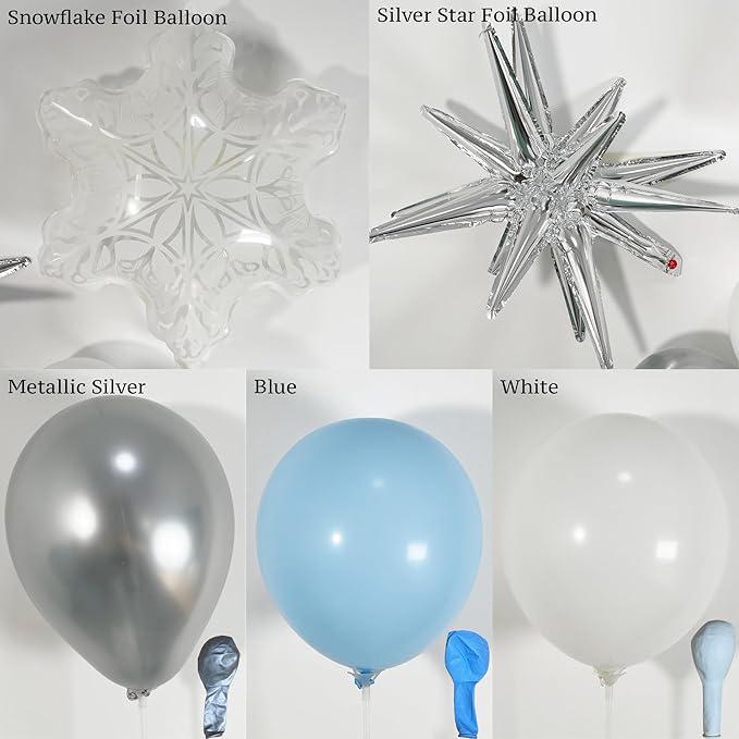 140-Pc Winter Balloon Arch Kit Pastel Blue White Silver Snowflake Party Decor