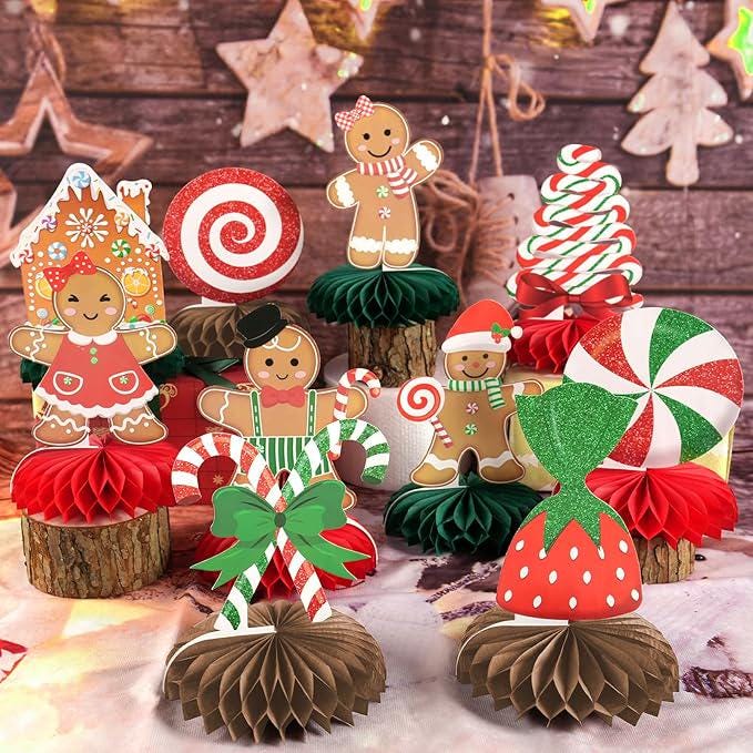10PCS Gingerbread Christmas Table Centerpieces Paper Honeycomb Xmas Decor