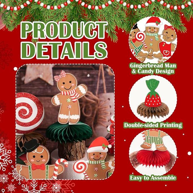10PCS Gingerbread Christmas Table Centerpieces Paper Honeycomb Xmas Decor