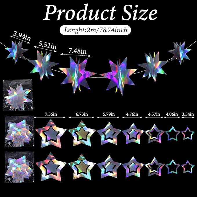 Iridescent Star Garland Holographic Hanging Decorations Birthday Wedding Baby Shower Party