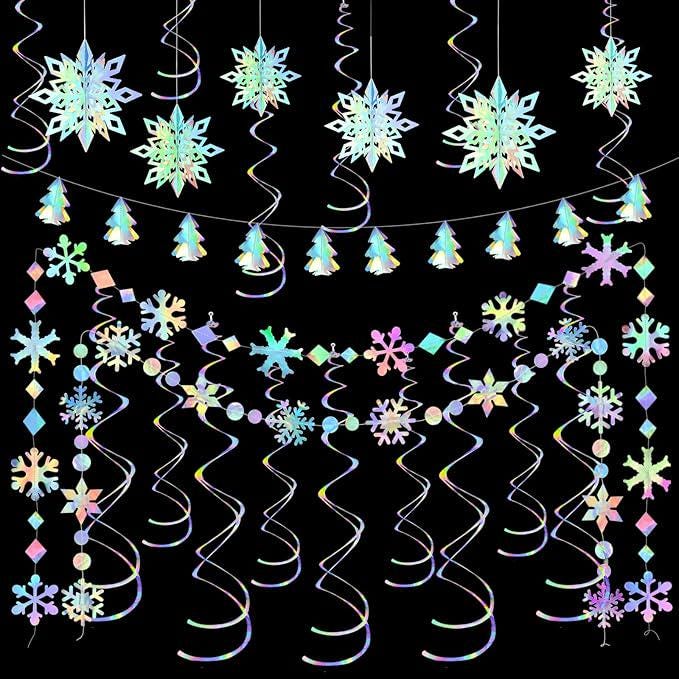 Iridescent Holographic Party Decorations 29 Pcs Rainbow Swirl Streamers Snowflake Garland