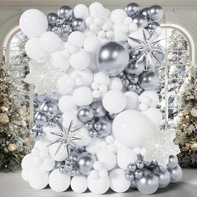 135-Piece Winter Balloon Arch Kit with White Silver Snowflakes for Party & Shower