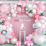 Pink Snowflake Balloon Arch Kit with White and Silver Balloons for Winter Parties