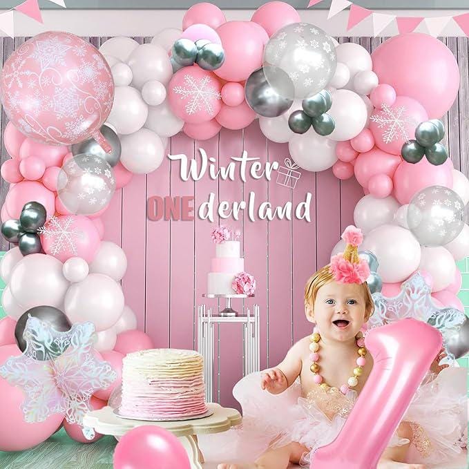 Pink Snowflake Balloon Arch Kit with White and Silver Balloons for Winter Parties