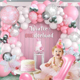 Pink Snowflake Balloon Arch Kit with White and Silver Balloons for Winter Parties