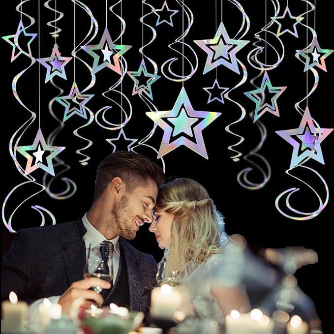Iridescent Hollow Star Garland with Swirl Decorations for Birthday Wedding Eid Decor