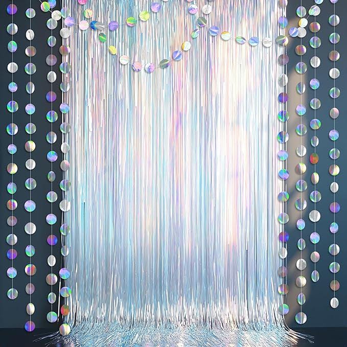Iridescent Tinsel Foil Fringe Backdrop Curtain for Party Birthday Wedding and Holiday Decor