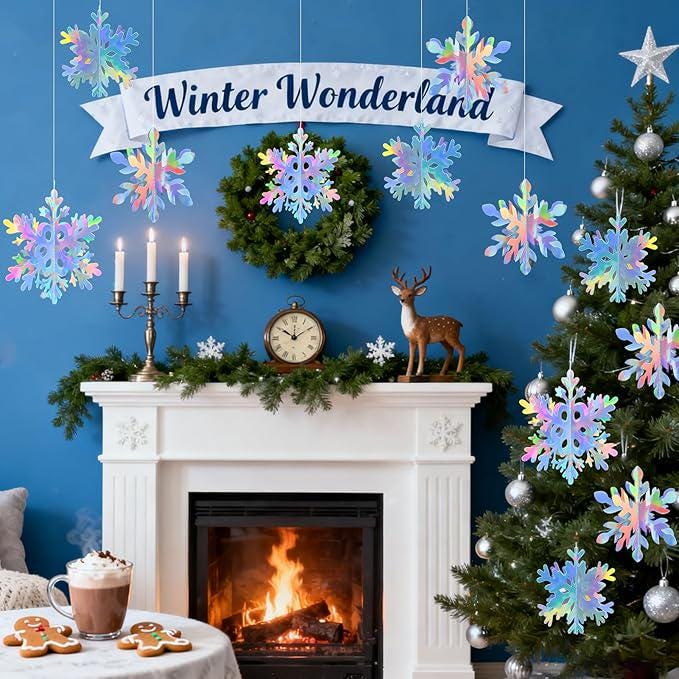 Iridescent 3D Snowflake Garland Ornaments for Christmas Winter Wonderland and Party Decor