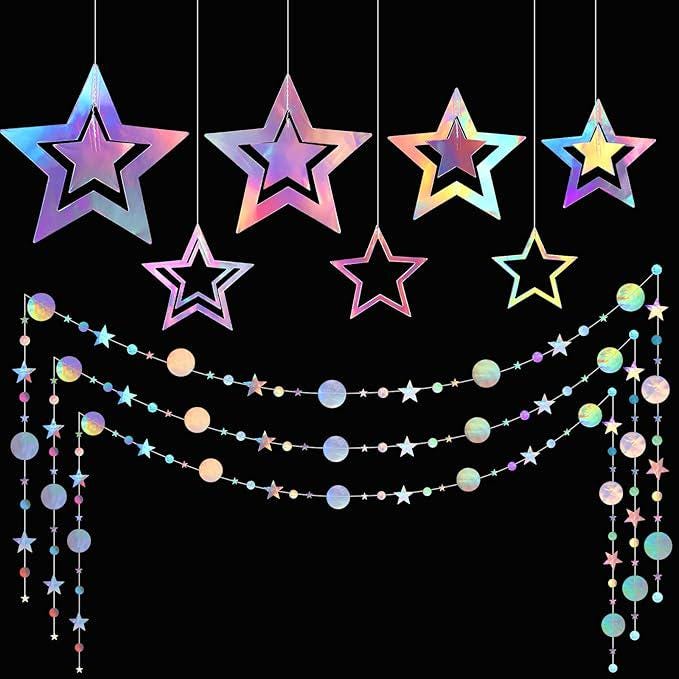 Iridescent Party Decorations with Star Garland and Streamers for Wedding Disco Birthday